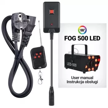 LIGHT4ME FOG 500 LED dūmu ģenerators, 500 W, RGB LED, 0,5 L tvertne, vadu tālvadība
