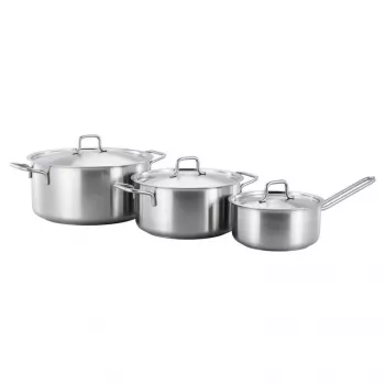 Fiskars Katlu komplekts 1.5/3/5L Nerūsējošā tērauda virtuves trauku komplekts ar stikla vākiem, piemērots indukcijai, 6 gab.