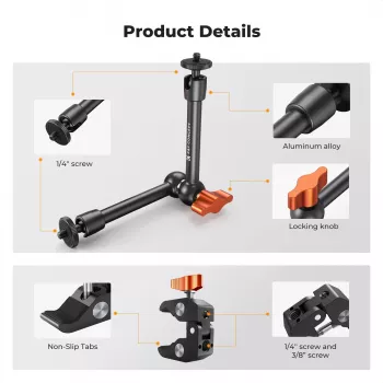 KF Magic Arm + Super Clamp stiprinājuma komplekts ar 1/4 collu un 3/8 collu vītnēm, 15-55mm žoklis, melns