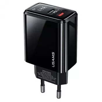 USAMS 20W divu portu USB-C PD3.0 + USB-A QC3.0 sienas lādētājs (ES kontaktdakša, melns)