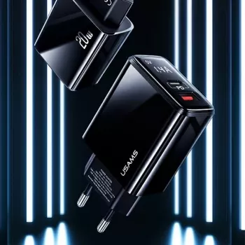 USAMS 20W divu portu USB-C PD3.0 + USB-A QC3.0 sienas lādētājs (ES kontaktdakša, melns)