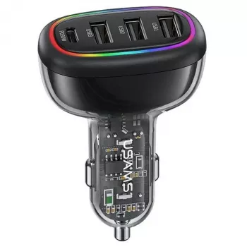 USAMS C34 48W PD ātrās uzlādes auto lādētājs ar 1x USB-C un 3x USB-A - Melns