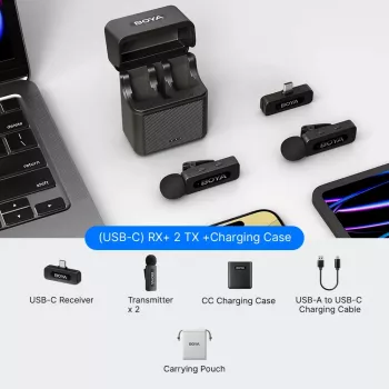 BOYA BY-V30 bezvadu lavaliera mikrofona sistēma USB-C ierīcēm, 2.4GHz, 50m diapazons, 9 stundu akumulators, trokšņu slāpēšana, melna