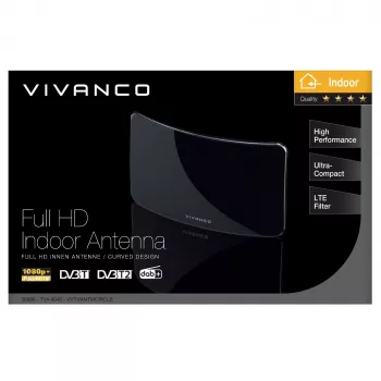 Vivanco VVTVANTMCIRCLE iekštelpu DVB-T/T2 antena ar 28 dB pastiprinājumu, LTE/4G/5G filtru, DAB/DAB+ atbalstu, melna