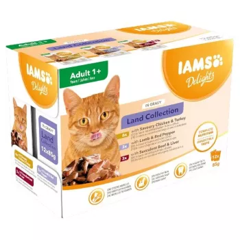 EUKANUBA IAMS DELIGHTS Land Collection mitrā kaķu barība mērcē, 12 x 85g paciņas, pieaugušiem kaķiem, vista, jērs un tītars