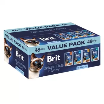 Brit Delicate Fillets mērcē pieaugušiem kaķiem - 48x85g multipaka (vistas, liellopa, tītara, laša)