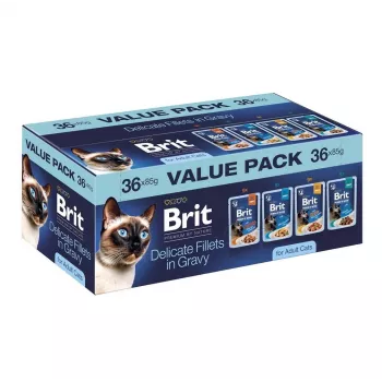 Brit Delicate Fillets in Gravy pieaugušiem kaķiem - dažādas gaļas un zivis, 36 x 85 g maisiņi