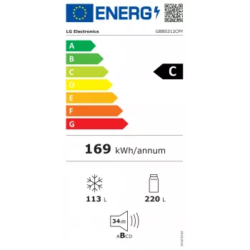 LG GBBS312CPY Brīvi stāvošs kombinētais ledusskapis-saldētājs, Total No Frost, Nerūsējošais tērauds, C energoefektivitātes klase, 333L