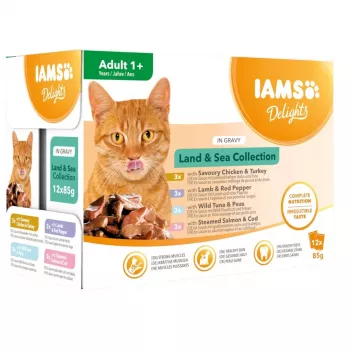 EUKANUBA IAMS DELIGHTS Land & Sea kolekcija mērcē slapjā kaķu barība – 12x85g maisiņi (lasis un menca, vista un tītars, jērs un sarkanā paprika)