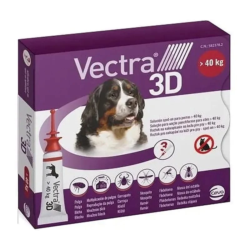 Ceva Vectra 3D šķīdums uzklāšanai uz ādas ļoti lieliem suņiem virs 40 kg, 3 pipetes, katra 8,0 ml