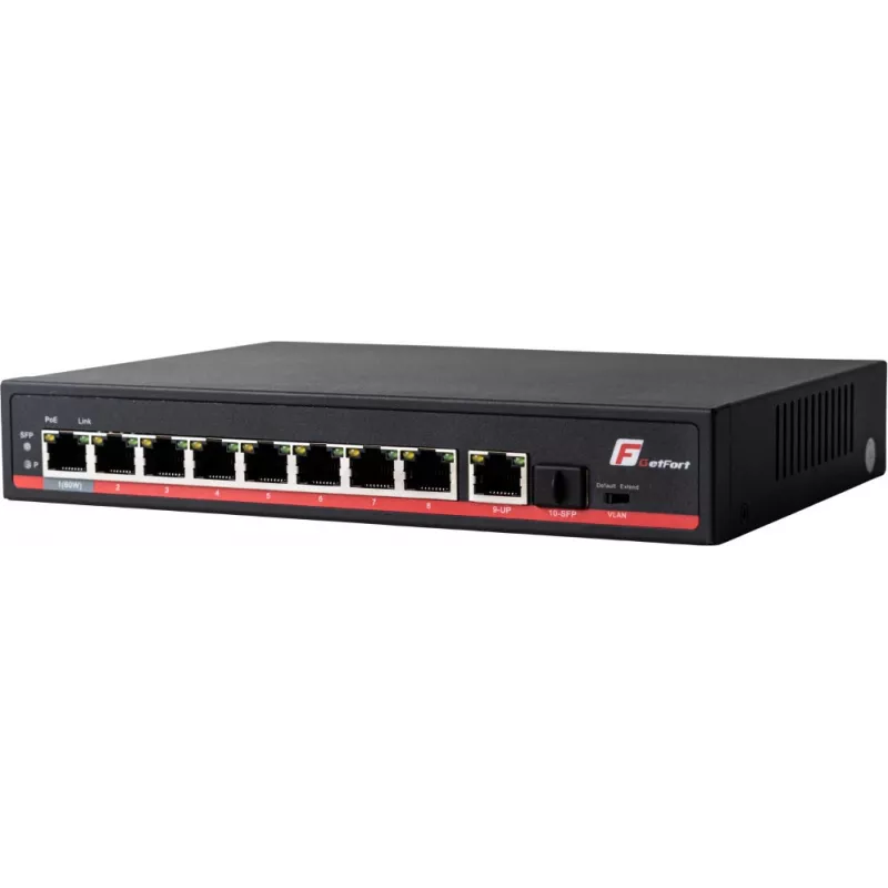 GETFORT GF-110-8PG-S-120 10 portu Gigabit PoE+ slēdzis ar 8 PoE+ portiem, 1 augšupsaiti, 1 SFP, 120W budžetu, nepārvaldāms, bez ventilatora, galddatora