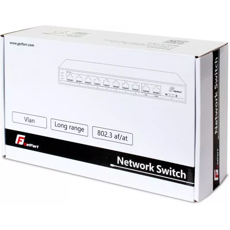 GETFORT GF-210D-8P-120 10 portu PoE+ slēdzis ar 8 Fast Ethernet PoE portiem un 2 Gigabit augšupielādes portiem, 120W budžets, nepārvaldīts, galda/sienas montāža