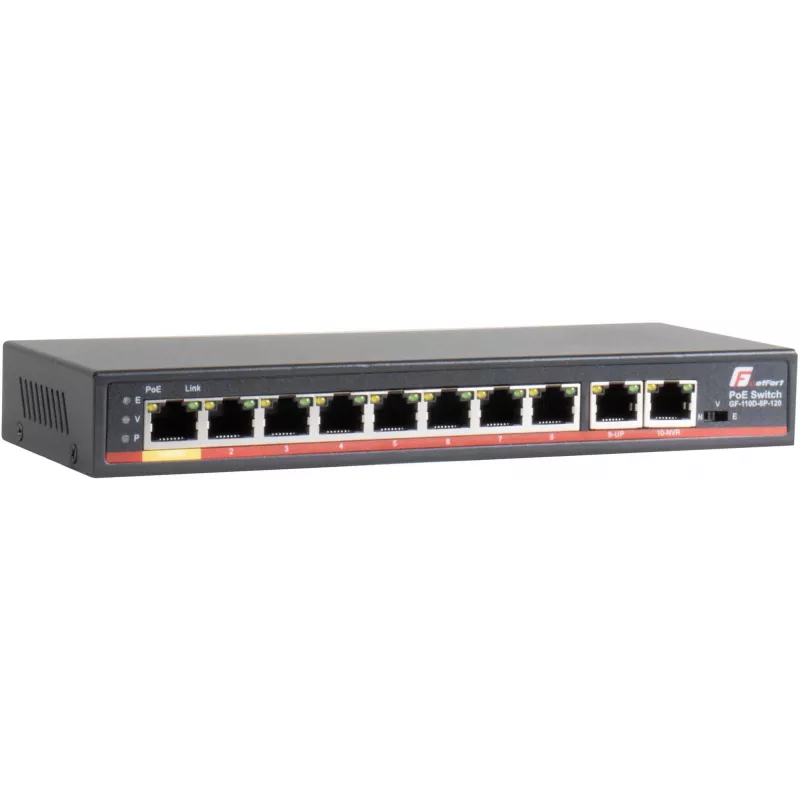 GETFORT GF-110D-8P-120 10 portu PoE+ slēdzis ar 8 PoE portiem un 2 augšupielādes portiem, 120W budžets, neuzraudzīts, galda/sienas stiprinājums