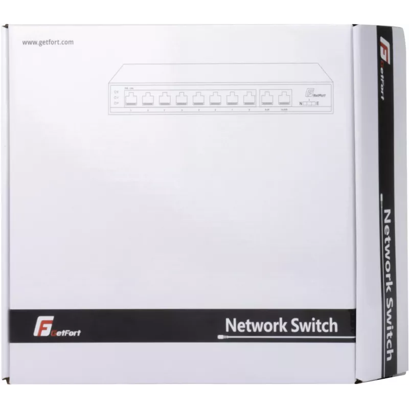 GETFORT GF-110D-8P-120 10 portu PoE+ slēdzis ar 8 PoE portiem un 2 augšupielādes portiem, 120W budžets, neuzraudzīts, galda/sienas stiprinājums