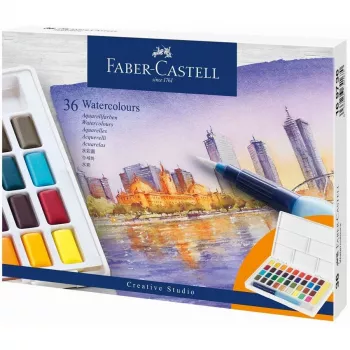 Faber-Castell Creative Studio akvareļu krāsu komplekts, 36 krāsas cietās pastilās ar otu un sūkli, maisīšanas palete vākā, studentu klase, caurspīdīgs, uzpildāms, pārnēsājams plastmasas futrālis
