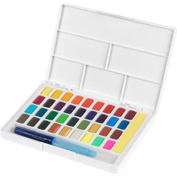 Faber-Castell Creative Studio akvareļu krāsu komplekts, 36 krāsas cietās pastilās ar otu un sūkli, maisīšanas palete vākā, studentu klase, caurspīdīgs, uzpildāms, pārnēsājams plastmasas futrālis