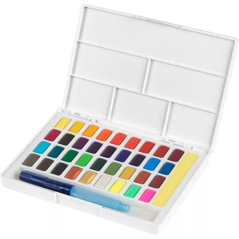 Faber-Castell Creative Studio akvareļu krāsu komplekts, 36 krāsas cietās pastilās ar otu un sūkli, maisīšanas palete vākā, studentu klase, caurspīdīgs, uzpildāms, pārnēsājams plastmasas futrālis