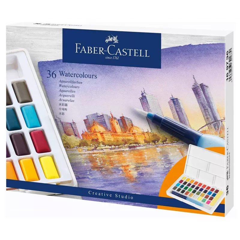 Faber-Castell Creative Studio akvareļu krāsu komplekts, 36 krāsas cietās pastilās ar otu un sūkli, maisīšanas palete vākā, studentu klase, caurspīdīgs, uzpildāms, pārnēsājams plastmasas futrālis