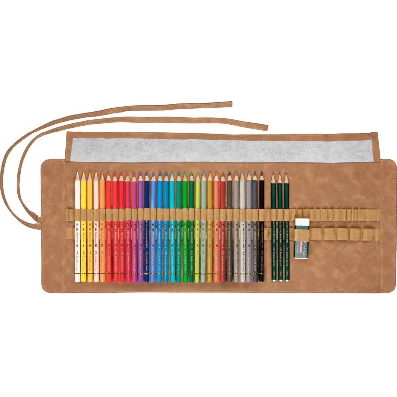 Faber-Castell Polychromos Daudzkrāsu 34 daļu mākslinieku krāsaino zīmuļu komplekts ar PITT mākslinieku pildspalvām un otu