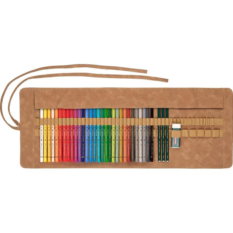 Faber-Castell Polychromos Daudzkrāsu 34 daļu mākslinieku krāsaino zīmuļu komplekts ar PITT mākslinieku pildspalvām un otu