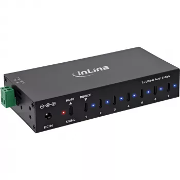 DELOCK InLine® USB 3.2 Gen.1 rūpnieciskais centrmezgls, USB-C, 7 porti, ar barošanas bloku