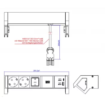 Bachmann DESK2 balts galda strāvas modulis ar 2 Schuko kontaktligzdām un USB-A/C 22W, 0.2m GST18
