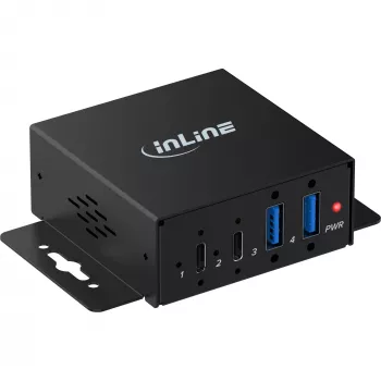 InLine® USB 3.2 Gen 2 rūpnieciskais centrmezgls, 4 porti, 2x USB-A, 2x USB-C, metāla, DIN sliedes/sienas stiprinājums, 10Gbps