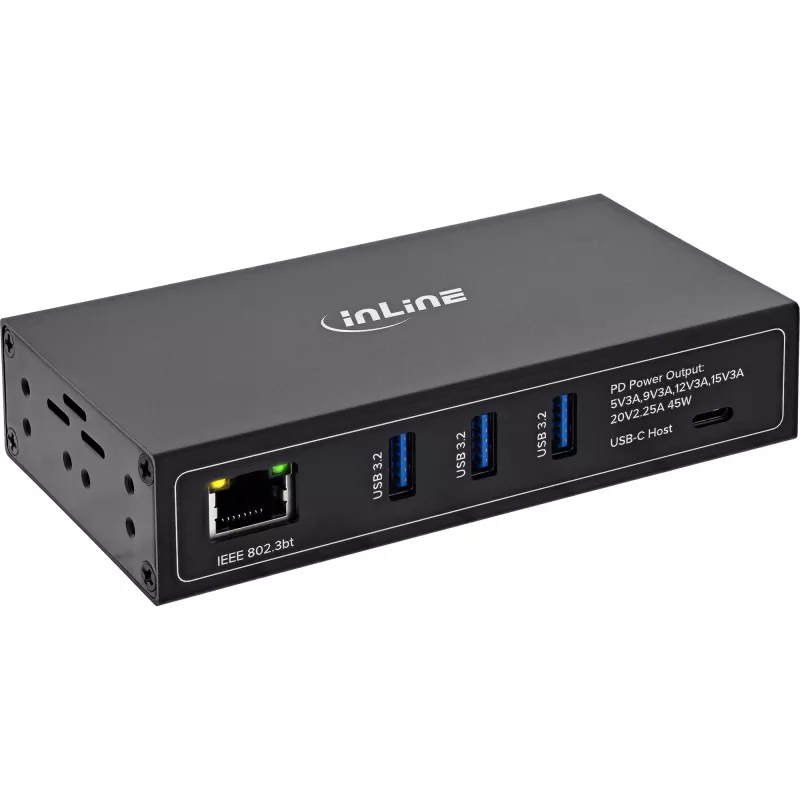 InLine® Industrial 4 portu USB PoE centrmezgls (3x USB-A / 1x USB-C)