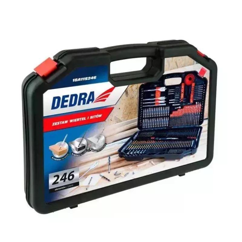 DEDRA 18A11S246 246 daļu urbjmašīnu un skrūvgriežu uzgaļu komplekts ar HSS, koka, mūra urbjiem un CrV uzgaļiem koferī