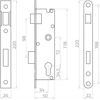 PSG 63.211 L/P iebūvējamā slēdzene ar fiksatoru un aizbīdni, reversīva, 220 x 22 mm priekšplāksne, 72 mm PZ, 50 mm atkāpe, cinkota tērauda