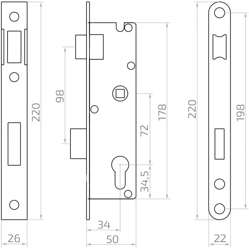 PSG 63.211 L/P iebūvējamā slēdzene ar fiksatoru un aizbīdni, reversīva, 220 x 22 mm priekšplāksne, 72 mm PZ, 50 mm atkāpe, cinkota tērauda