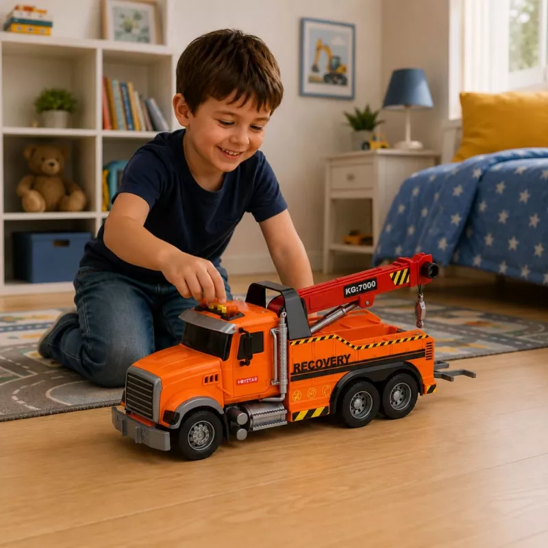 LEAN TOYS Kravas automašīna ar celtni Ceļmalas palīdzība Āķis Gaismas Skaņas Oranža 1:18