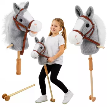 LEAN TOYS Hobija zirgs Zirgs uz kociņa Zirga galva Auļošanas un zviedzienu skaņas Pelēks 100 cm