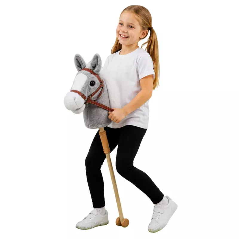LEAN TOYS Hobija zirgs Zirgs uz kociņa Zirga galva Auļošanas un zviedzienu skaņas Pelēks 100 cm