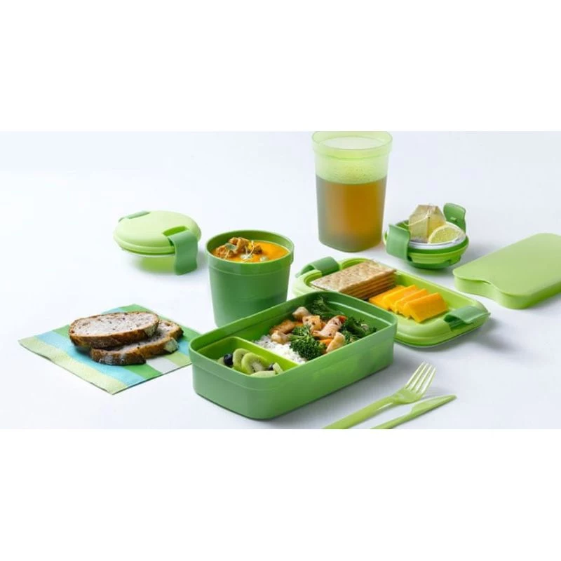 CURVER Lunch&Go taisnstūra formas trauks ar galda piederumiem 1,4L zaļš