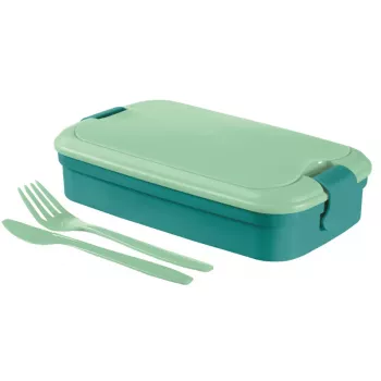 CURVER Lunch&Go Taisnstūra formas trauks ar iebūvētiem galda piederumiem, 1,4L, zils