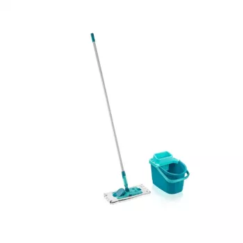 LEIFHEIT Clean & Compact grīdas tīrīšanas komplekts ar plakano mopu un ar kāju vadāmu izgriezēju, 8L spainis, mikrošķiedras uzgalis, 33cm, balts/zils