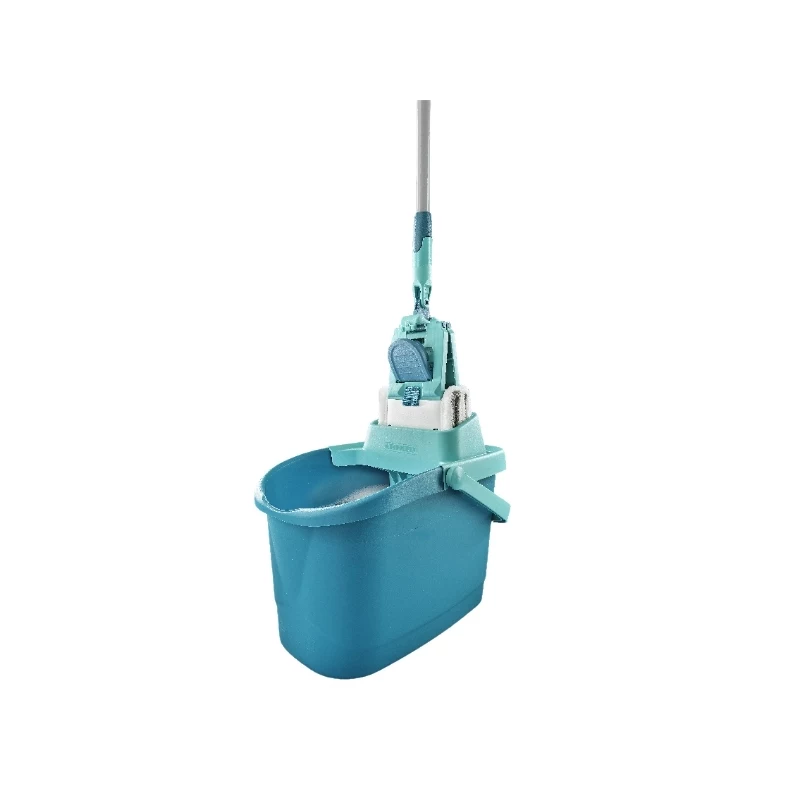 LEIFHEIT Clean & Compact grīdas tīrīšanas komplekts ar plakano mopu un ar kāju vadāmu izgriezēju, 8L spainis, mikrošķiedras uzgalis, 33cm, balts/zils