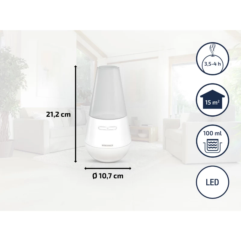 SOEHNLE Air Aromatizator Valencia ultraskaņas aromāta difuzors, 100 ml tvertne, darbības laiks līdz 4 h, balts/sudraba