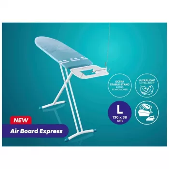 LEIFHEIT Air Board Express L Solid gludināmais dēlis 130x38 cm ar Thermo-Reflect tehnoloģiju, augstuma regulēšana 75-98 cm, salokāms, Shoulder-Fit forma, neslīdošas kājiņas, gludekļa turētājs, kabeļa turētājs, balts/zils