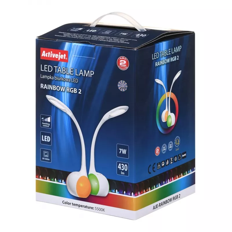 Activejet AJE-RAINBOW 2 LED galda lampa ar RGB pamatni, elastīgu roku, regulējamu spilgtumu, skārienjutīgu vadību, 7W galvenā gaisma, 350lm, 2800K-6500K, melna