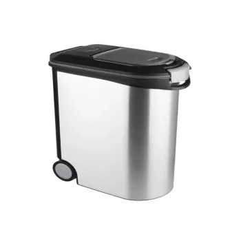 CURVER Pet Life 35L hermētisks mājdzīvnieku barības uzglabāšanas trauks ar riteņiem, sudraba krāsā, ietilpina 12kg sausās barības, bez BPA plastmasas