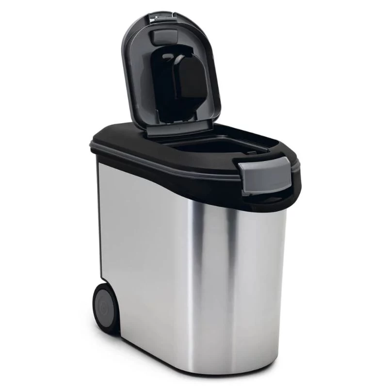 CURVER Pet Life 35L hermētisks mājdzīvnieku barības uzglabāšanas trauks ar riteņiem, sudraba krāsā, ietilpina 12kg sausās barības, bez BPA plastmasas