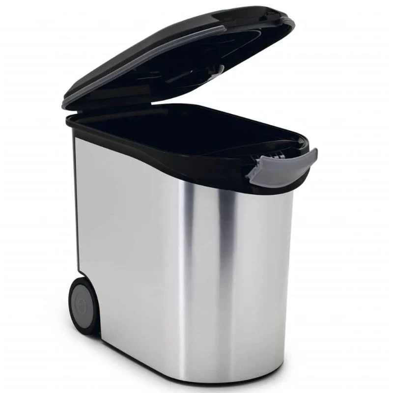 CURVER Pet Life 35L hermētisks mājdzīvnieku barības uzglabāšanas trauks ar riteņiem, sudraba krāsā, ietilpina 12kg sausās barības, bez BPA plastmasas