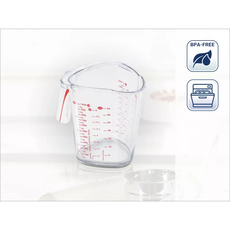 LEIFHEIT Mērglāze 1L, caurspīdīga, SAN plastmasa, ml/L/gramu skala, mazgājama trauku mašīnā