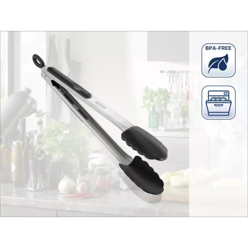 LEIFHEIT virtuves un grila pincetes 31cm, nerūsējošais tērauds ar silikona uzgaļiem, karstumizturīgas līdz 260°C, bloķēšanas mehānisms, mazgājamas trauku mazgājamajā mašīnā