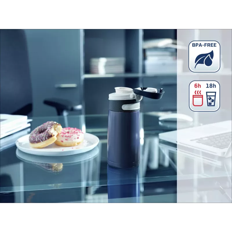 LEIFHEIT Thermos Flip 350 ml tumšizlā zila vakuuma izolēta nerūsējošā tērauda ceļojumu krūze