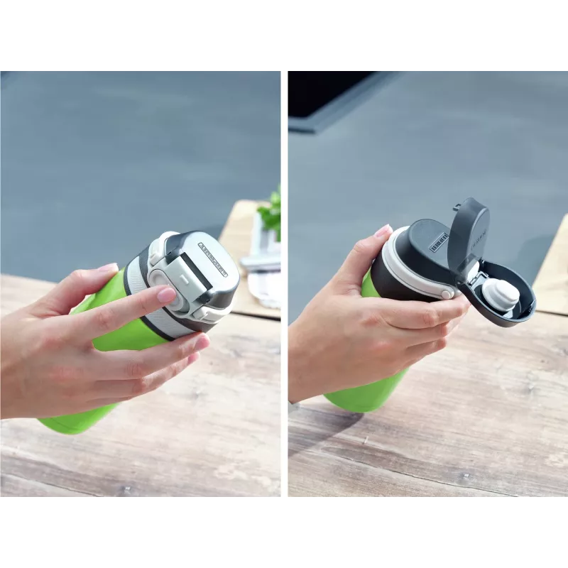 LEIFHEIT Termokrūze Flip 350ml Zaļa - Divslāņu vakuuma izolēta ceļojumu krūze, Noplūdes droša, 360° dzeršana