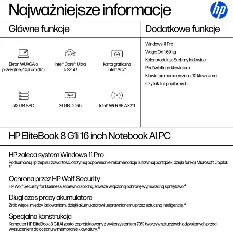 HP EliteBook 8 G1i 16 inch WUXGA klēpjdators - Intel Core Ultra 5 225U, 24GB RAM, 512GB SSD, Windows 11 Pro, sudraba