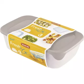 Curver Fresh & Go ēdienu trauku komplekts, 3 taisnstūra trauki, 2L + 1L + 0,5L, caurspīdīgi ar krāsainiem hermētiskiem vākiem